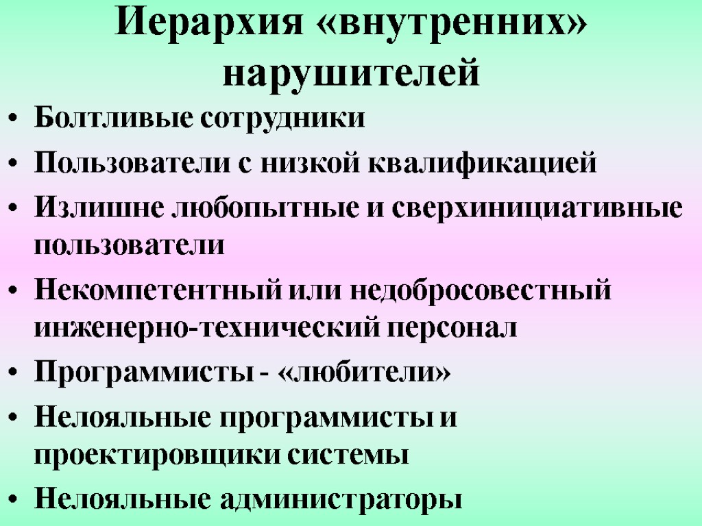 Иерархия «внутренних» нарушителей Болтливые сотрудники Пользователи с низкой квалификацией Излишне любопытные и сверхинициативные пользователи